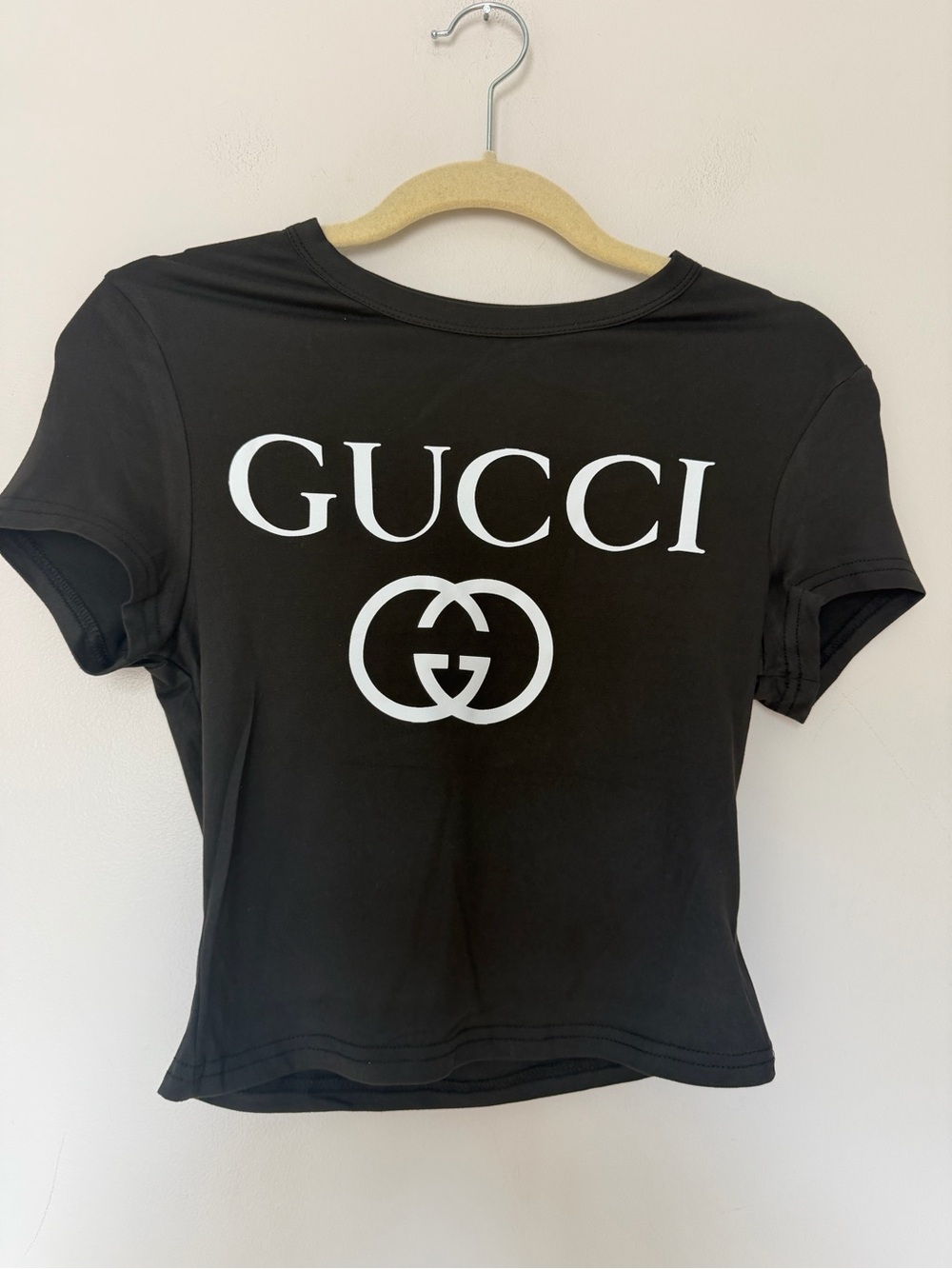 Custom Design Gucci Print Black Tee with White Logo Crop Top
